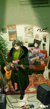 1boy 1girl absurdres acoustic_guitar amplifier avvy avvy_art_department bass_guitar black_hair black_pants black_shoes closed_mouth commentary_request copyright_logo couch crop_top detached_collar fishnet_pantyhose fishnets full_body fur-trimmed_jacket fur_trim green_hair green_jacket green_shirt green_theme grey_eyes guitar hair_between_eyes highres instrument jacket jewelry logo looking_at_viewer necklace official_art open_clothes open_jacket pants pantyhose pink_jacket pink_shirt poster_(object) purple_eyes rug shirt shoes smile standing