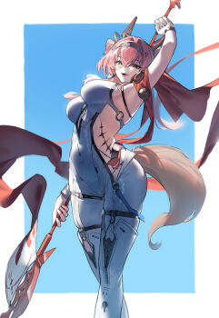 1girl absurdres arm_up blue_background bodysuit border breasts esnowg hair_between_eyes hair_intakes hairband headgear highres holding holding_polearm holding_weapon long_hair looking_at_viewer lupa_(wuthering_waves) medium_breasts metal_hairband open_mouth pink_hair polearm smile solo tacet_mark_(wuthering_waves) tail weapon white_bodysuit white_border wolf_tail wuthering_waves yellow_eyes