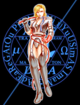 Rule 34 | 1girl, belt, black background, black boots, black gloves, black leotard, blonde hair, blue neckerchief, boots, commentary request, fujiwaru, full body, garter straps, gloves, high heel boots, high heels, hiroko (megami tensei), holding, holding whip, leotard, looking at viewer, medium hair, mole, mole under eye, neckerchief, partially open jacket, pentagram, red gloves, shin megami tensei, shin megami tensei ii, solo, whip, yellow eyes