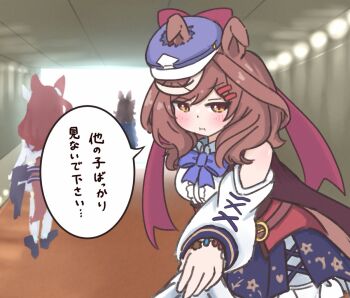 Rule 34 | 1girl, animal ears, blush, breasts, brown eyes, brown hair, commentary request, elbow cutout, hair between eyes, hair ornament, hat, horse ears, horse tail, ice illust07, long hair, matikanetannhauser (panpaka tiltott) (umamusume), matikanetannhauser (umamusume), mihono bourbon (mb-19890425) (umamusume), mihono bourbon (umamusume), pout, pov, pov hands, reaching, reaching towards viewer, rice shower (rosy dreams) (umamusume), rice shower (umamusume), solo, solo focus, tail, umamusume