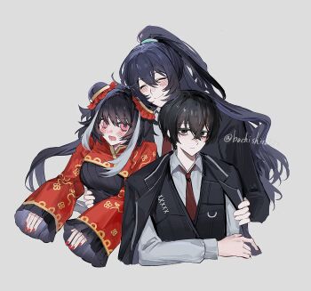 Rule 34 | 1girl, 2boys, black coat, black dress, black eyes, black hair, black vest, blush, bochishiraita, chinese clothes, closed eyes, closed mouth, coat, coat on shoulders, collared shirt, double bun, dress, grey background, hair bun, high ponytail, highres, hong lu (project moon), hug, jia xichun (project moon), limbus company, long hair, long sleeves, looking at another, looking at viewer, multicolored hair, multiple boys, necktie, open mouth, pink eyes, ponytail, project moon, red nails, red necktie, red shrug, shirt, short hair, shrug (clothing), simple background, streaked hair, twintails, upper body, vest, white shirt, yi sang (project moon)