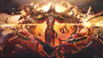 Rule 34 | 1other, animal ears, arknights, armor, artist request, backlighting, black hair, cape, center opening, claws, cowboy shot, evil smile, floating cape, floating hair, game cg, hair over one eye, highres, horns, jewelry, lips, long hair, long sleeves, official art, outstretched arms, parted lips, red robe, robe, shoulder armor, single horn, smile, solo, spread arms, third-party source, ya (arknights)