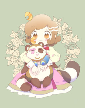 1girl :3 apocalypse_hotel brown_eyes brown_hair closed_eyes hair_ornament highres leaf_hair_ornament long_sleeves lwhana pink_skirt ponko_procione raccoon_girl short_hair sitting skirt tail tanuki