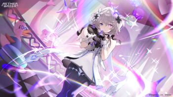 1girl aether_gazer artist_request black_flower black_gloves black_pantyhose black_ribbon character_request closed_mouth copyright_name copyright_notice dress flower gloves grey_hair hair_flower hair_ornament heart heterochromia highres holding holding_stuffed_toy neck_ribbon official_art pantyhose purple_eyes ribbon second-party_source solo stuffed_toy white_dress white_flower