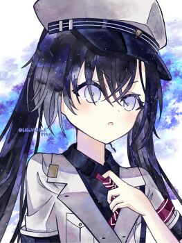 Rule 34 | 1girl, armband, black hair, black shirt, collared shirt, commentary request, grey eyes, hat, highres, hitsuki (ruon), jacket, long hair, military hat, military jacket, military uniform, minus (reverseblue), necktie, open mouth, painting (medium), peaked cap, red armband, red necktie, reverseblue x re-birthend, shirt, sidelocks, solo, striped clothes, striped necktie, traditional media, twintails, watercolor (medium), white hat