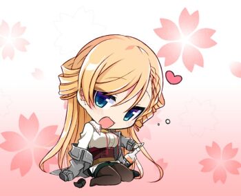 Rule 34 | 1girl, araragi ayune, blonde hair, blue eyes, bolo tie, braid, breasts, brown corset, chibi, coat, collared shirt, commentary request, corset, drunk, full body, gradient background, green shorts, grey coat, heart, isshiki-san wa koi wo shiritai., large breasts, long hair, looking at viewer, off shoulder, open clothes, open coat, open mouth, pantyhose, pantyhose under shorts, pink background, rinna milford, shirt, shorts, solo, white shirt