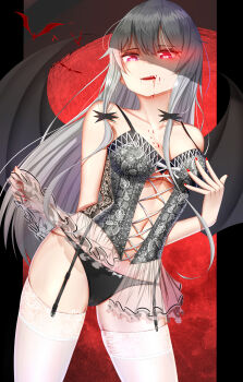 1girl absurdres aged_up atom_b bat_(animal) bat_wings black_panties blood blood_drip blood_from_mouth blood_on_breasts blood_on_face bow bow_panties breasts commentary_request cross-laced_clothes fangs female_focus full_moon grey_hair hair_ribbon hair_strand heart heart-shaped_pupils highres lace licking_lips lingerie long_hair looking_at_viewer medium_breasts moon nail_polish night panties purple_eyes red_moon red_nails ribbon see-through_clothes solo sophie_twilight standing symbol-shaped_pupils thighhighs thighs tonari_no_kyuuketsuki-san tongue tongue_out tress_ribbon underwear vampire very_long_hair white_thighhighs wings