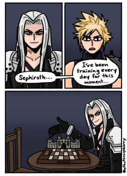 Rule 34 | 2boys, armor, black coat, black gloves, blonde hair, blue shirt, border, castle, chest strap, cloud strife, coat, english text, final fantasy, final fantasy vii, final fantasy vii rebirth, final fantasy vii remake, flag, gesture, gloves, grey background, grey eyes, grey hair, highres, long hair, maddie (othatsraspberry), male focus, multiple boys, open mouth, parted bangs, pauldrons, queen's blood, sephiroth, shirt, short hair, shoulder armor, silver bangle, single bare shoulder, single pauldron, sleeveless, sleeveless turtleneck, smile, suspenders, tabletop game, talking, turtleneck, twitter username, upper body, white border