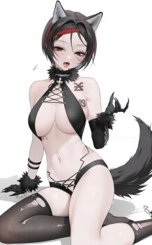 1girl animal_ears asymmetrical_gloves asymmetrical_legwear black_gloves black_hair black_thighhighs breasts commentary crow_(nikke) elbow_gloves gloves goddess_of_victory:_nikke green_eyes halterneck highres large_breasts multicolored_hair ohisashiburi piercing red_hair short_hair single_elbow_glove solo streaked_hair symbol-only_commentary tail tattoo thighhighs uneven_gloves wolf_ears wolf_tail