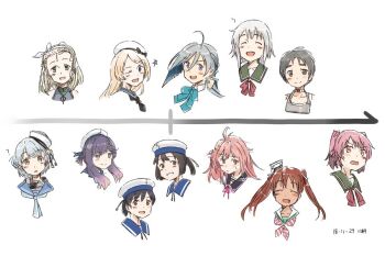 ? ahoge beret blue_hair blush chart commentary_request daitou_(kancolle) closed_eyes hair_ornament hat jervis_(kancolle) kantai_collection kawashina_(momen_silicon) kiyoshimo_(kancolle) kunashiri_(kancolle) libeccio_(kancolle) looking_at_viewer luigi_torelli_(kancolle) maru-yu_(kancolle) multiple_girls one_eye_closed pink_hair portrait ribbon samuel_b._roberts_(kancolle) school_uniform shimushu_(kancolle) swimsuit tsushima_(kancolle) twintails uzuki_(kancolle) white_background