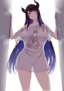 Rule 34 | 1girl, absurdres, black hair, blue hair, breasts, colored inner hair, demon horns, grin, head tilt, highres, hololive, hololive english, horns, large breasts, long hair, looking at viewer, mole, mole under eye, multicolored hair, naked shirt, nerissa ravencroft, print shirt, red eyes, see-through clothes, see-through silhouette, shirt, smile, solo, teeth, two-tone hair, very long hair, vialnite, virtual youtuber, white shirt, yagoo