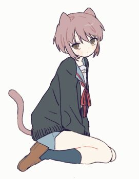 Rule 34 | 1girl, animal ears, black cardigan, black socks, blue sailor collar, blue skirt, brown eyes, brown shoes, cardigan, cat ears, cat girl, cat tail, full body, gohanysu, grey hair, highres, kemonomimi mode, kneeling, loafers, nagato yuki, neck ribbon, red ribbon, ribbon, sailor collar, shirt, shoes, short hair, sitting, skirt, socks, solo, suzumiya haruhi no yuuutsu, tail, white background, white shirt