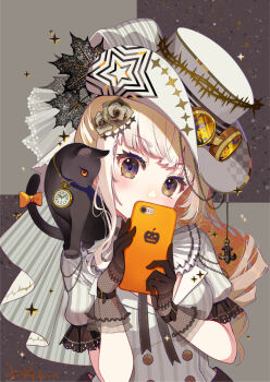 Rule 34 | 1girl, animal, animal on shoulder, black cat, black gloves, breasts, brown eyes, brown hair, cat, cellphone, checkered background, commentary request, covered mouth, flower, gloves, goggles, goggles on headwear, grey flower, grey rose, hair flower, hair ornament, halloween, hat, holding, holding phone, konfuzikokon, lace, lace gloves, long hair, looking at viewer, original, phone, puffy short sleeves, puffy sleeves, rose, shirt, short sleeves, small breasts, solo, star (symbol), striped clothes, striped shirt, tilted headwear, upper body, vertical-striped clothes, vertical-striped shirt, white hat, white shirt