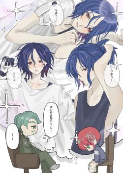 ... 1girl 2boys amate_yuzuriha anger_vein aqua_eyes beard blue_hair blush chair challia_bull colored_inner_hair deformed facial_hair green_eyes green_hair gundam gundam_gquuuuuux highres imagining jacket long_sleeves looking_at_another looking_at_viewer military_uniform multicolored_hair multiple_boys mustache nnnyanrrr on_chair pants purple_hair red_eyes red_hair shirt short_hair shorts shuji_ito sitting sleeveless smile speech_bubble spoken_ellipsis sweat tank_top thought_bubble two-tone_hair white_shirt