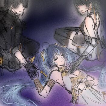 1boy 2girls black_jacket colored_inner_hair couple highres iuno_(wuthering_waves) jacket multicolored_hair multiple_girls naninanikkaa rover_(wuthering_waves) wuthering_waves