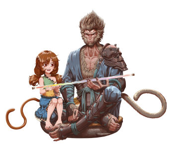 Rule 34 | 1boy, 1girl, :d, absurdres, arm guards, armor, barefoot, black myth: wukong, bracelet, brown hair, chinese commentary, closed mouth, commentary request, crossover, dress, eyebrows hidden by hair, eyelashes, eyes visible through hair, fingernails, full body, hair rings, happy, highres, holding, hyt, indian style, japanese clothes, jewelry, journey to the west, kimono, looking at object, low twintails, monkey boy, monkey girl, monkey tail, multicolored dress, nose, open mouth, rope, ruyi jingu bang, shin guards, shoulder armor, simple background, sitting, smile, son biten, spiked hair, sun wukong, swept bangs, tail, teeth, tiger stripes, toenails, tongue, touhou, twintails, veins, wavy mouth, white background, yukata