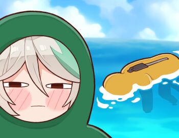 2girls asphyxiation blue_sky blush cecilia_immergreen day drowning gigi_murin green_hair grey_hair highres hololive hololive_english kukie-nyan multicolored_hair multiple_girls ocean outdoors sky streaked_hair virtual_youtuber zipper