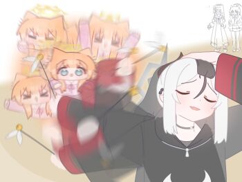 4girls afterimage animal_ears arms_up blue_archive blunt_bangs cat_teaser chibi choker commentary dual_persona earclip english_commentary grey_hair grey_halo halo highres hood hood_down hoodie horns horuhara kayoko_(blue_archive) long_hair long_sleeves mari_(blue_archive) meme motion_blur multicolored_hair multiple_girls naoya_hitting_choso_without_looking_(meme) neck_ribbon no_nose orange_hair pajamas pink_pajamas ribbon sleeves_past_wrists smile standing two-tone_hair v-shaped_eyebrows yellow_halo