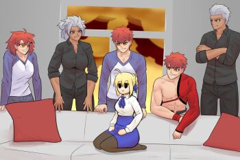 3boys 3girls archer_(fate) artoria_pendragon_(fate) black_shirt commentary couch dark-skinned_male dark_skin dress emiya_shirou english_commentary fate/grand_order fate/stay_night fate_(series) genderswap highres igno_art meme multiple_boys multiple_girls on_couch piper_perri_surrounded_(meme) red_hair saber_(fate) senji_muramasa_(fate) shirt single_bare_shoulder spiked_hair t-shirt toned toned_male unlimited_blade_works_(reality_marble) white_hair