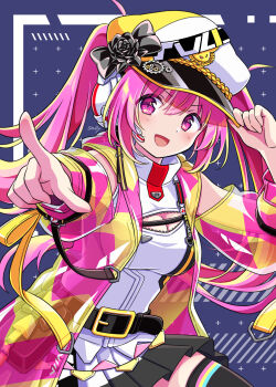 Rule 34 | 1girl, absurdres, beatmania iidx, beatmania iidx 31 epolis, bemani, black skirt, black thighhighs, blue background, blush, border, breasts, cleavage, cleavage cutout, clothing cutout, commentary request, hat, headphones, highres, jacket, long hair, looking at viewer, medium breasts, mizushiro celica, official alternate costume, open mouth, pink jacket, pleated skirt, purple eyes, purple hair, sally (pacch0614), simple background, skirt, smile, solo, thighhighs, twintails, white border