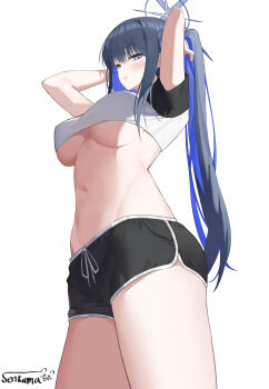 1girl absurdres adjusting_hair alternate_costume arms_behind_head artist_name black_shorts blue_archive breasts commentary_request crop_top dolphin_shorts from_below highres long_hair looking_at_viewer midriff navel ponytail saori_(blue_archive) senkuma777 shirt short_shorts shorts solo underboob white_background white_shirt