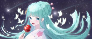 1girl aqua_hair blue_eyes blunt_bangs braid bug butterfly candy_apple crazy_otama eyelashes floating_hair food half_updo highres holding holding_candy_apple holding_food insect japanese_clothes kimono kouzuki_hiyori light_smile looking_at_viewer one_piece pink_kimono sidelocks star_(sky)