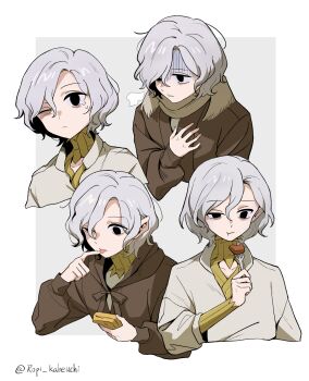 Rule 34 | 1boy, absurdres, artist name, bags under eyes, black eyes, border, coat, commentary request, crying, dungeon meshi, eating, elf, fork, gorget, green shirt, grey background, grey hair, highres, holding, holding fork, lazy eye, licking, licking finger, long sleeves, male focus, mithrun, multiple views, notched ear, outside border, pointy ears, scarf, shaded face, shirosaki20725, shirt, short hair, simple background, tongue, tongue out, turn pale, uneven eyes, upper body, wavy hair, white border