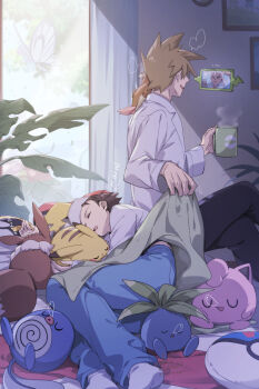 Rule 34 | 3boys, 88 (einnimnech), alolan exeggutor, alolan form, antennae, bird, black hair, black pants, blue oak, blue pants, brown hair, bug, butterfly, butterfree, closed eyes, commentary request, cup, dark skin, eevee, flying, gen 1 pokemon, gen 4 pokemon, gen 7 pokemon, hat, highres, holding, holding cup, insect, insect wings, jigglypuff, long sleeves, lying, male focus, multiple boys, nintendo, nose bubble, oddish, on back, on shoulder, on side, on stomach, open mouth, pants, parted lips, pidgey, pikachu, plant, pokemon, pokemon (creature), pokemon on shoulder, pokemon rgby, poliwag, potted plant, red (pokemon), red hat, rotom, rotom phone, samson oak, shirt, short hair, short sleeves, sitting, sleeping, smile, steaming cup, white shirt, wings