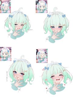 1girl absurdres alternate_costume blue_eyes commentary covering_own_mouth cropped_torso densetsu.exe english_commentary fang fingernails gradient_hair green_hair green_jacket grin hair_ornament hairclip half-closed_eyes hand_over_own_mouth hand_up heart high_collar highres jacket jersey_maid laughing looking_at_viewer maid maid_headdress mint_fantome multicolored_hair multiple_expressions multiple_views open_mouth pointy_ears raised_eyebrow reference_inset sideways_glance simple_background skin_fang smile smug syxh track_jacket triangular_headpiece twintails unconventional_maid virtual_youtuber white_background x_hair_ornament