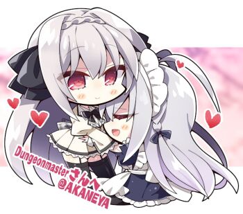 1boy 1girl :d affectionate ahoge akaneya apron artist_name black_bow black_bowtie black_dress black_ribbon black_thighhighs blurry blurry_background blush_stickers bow bowtie braid chibi chibi_only closed_eyes closed_mouth commentary_request commission crossdressing crossdressing_(mtf) crown_braid dress full_body garter_straps hair_bow hair_intakes hair_ribbon heart huge_ahoge juliet_sleeves kneehighs kokura_asahi_(tsuki_ni_yorisou_otome_no_sahou_2) long_hair long_sleeves looking_at_another loving_aura maid maid_apron maid_headdress male_maid mother_and_son open_mouth outline pink_background pleated_dress profile puffy_sleeves red_eyes ribbon sakurakouji_luna sakurakouji_saika school_uniform siddham skeb_commission smile socks split_mouth straight_hair thighhighs time_paradox trap tsuki_ni_yorisou_otome_no_sahou tsuki_ni_yorisou_otome_no_sahou_2 u_u very_long_hair watermark web_address white_apron white_background white_dress white_outline winter_uniform