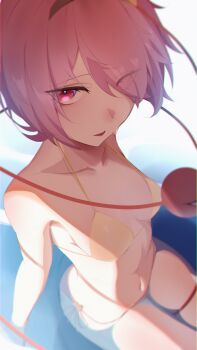 1girl 25omega25 alternate_costume bikini breasts commentary_request feet_out_of_frame hair_over_one_eye hairband halterneck highres komeiji_satori looking_at_viewer navel partially_submerged pink_eyes pink_hair short_hair side-tie_bikini_bottom sitting small_breasts solo string_bikini sweat swimsuit third_eye touhou yellow_bikini