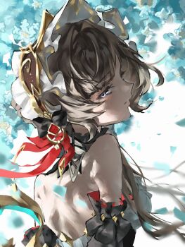 1girl back bare_back bare_shoulders black_bow black_sleeves blue_eyes blue_flower bow breasts brown_hair brown_hairband closed_mouth commentary_request detached_sleeves dress floating_hair floral_background flower frills from_behind genshin_impact gold_trim hair_bow hair_bun hairband half-closed_eyes highres long_sleeves looking_at_viewer looking_back medium_breasts petals red_bow sandrone_(genshin_impact) short_hair_with_long_locks sidelocks sleeveless sleeveless_dress solo wandererkickme white_background white_dress white_headdress