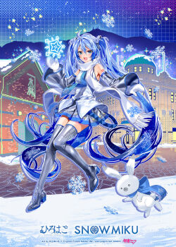 1girl animal aqua_hair bare_shoulders blue_eyes blue_necktie blue_scarf blue_trim boots character_name commentary_request detached_sleeves double-parted_bangs floating fringe_trim full_body grey_boots grey_skirt hair_between_eyes hair_ornament hatsune_miku headphones headset highres long_hair looking_at_viewer miniskirt mittens murakami_yuichi necktie open_mouth outdoors piapro_studio pleated_skirt rabbit rabbit_yukine scarf shiny_clothes shirt skirt sleeveless sleeveless_shirt smile snow snowflake_print structure tattoo thigh_boots thighhighs twintails very_long_hair vocaloid white_mittens white_rabbit_(animal) white_shirt white_sleeves wide_sleeves yuki_miku yuki_miku_(2011) zettai_ryouiki