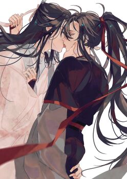 Rule 34 | 2boys, ahoge, amana raika, bishounen, black hair, black hanfu, chinese clothes, closed eyes, commentary request, couple, french kiss, from side, hair ribbon, hand on another's chin, hand on another's thigh, hanfu, headband, high ponytail, highres, holding, holding ribbon, kiss, lan wangji, long hair, long sleeves, male focus, modao zushi, multiple boys, ponytail, profile, red ribbon, red sash, ribbon, robe, sash, sidelocks, simple background, tongue, tongue out, wei wuxian, white background, white hanfu, white headband, white ribbon, wide sleeves, xiao guan (headdress), yaoi