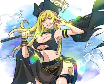 Rule 34 | 1girl, armlet, b. jenet, bikini, blonde hair, bracelet, breasts, cleavage, collarbone, fatal fury, garou: mark of the wolves, hat, jewelry, large breasts, long hair, neli mmnn, official alternate costume, open mouth, pirate hat, sarong, smile, snk, solo, swimsuit, the king of fighters, the king of fighters all-stars, thigh strap, underboob