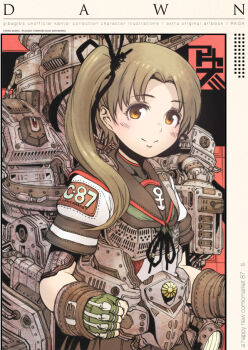 1girl anchor_symbol ayanami_(kancolle) ayanami_kai_ni_(kancolle) black_ribbon black_sailor_collar blush brown_hair character_name clenched_hand comiket_87 commentary_request copyright_name cover cover_page fingerless_gloves gibagiba gloves green_gloves hair_ribbon high_side_ponytail kantai_collection long_hair looking_at_viewer neckerchief orange_eyes ribbon rigging sailor_collar school_uniform serafuku smile solo upper_body