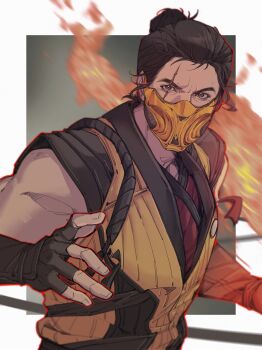 1boy absurdres arm_up black_gloves black_hair black_shirt brown_eyes commentary fingerless_gloves fire gloves hair_bun hashtag-only_commentary highres kuai_liang looking_at_viewer male_focus mask mortal_kombat_(series) mortal_kombat_1_(2023) mouth_mask ninja pereg1ne pyrokinesis scar scar_across_eye scar_on_face scorpion_(mortal_kombat) shirt single_hair_bun sleeveless solo upper_body whip yellow_mask yellow_shirt