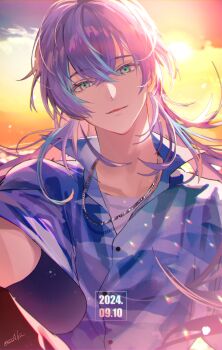 1boy absurdres aqua_eyes backlighting bishounen blue_hair blue_shirt chain chain_necklace cloud collared_shirt dated earrings eyelashes hair_between_eyes hashtag-only_commentary head_tilt highres hoshirube_sho jewelry koujisako light_particles long_hair looking_at_viewer male_focus multicolored_hair necklace nijisanji parted_lips purple_hair shirt short_sleeves signature sky smile solo streaked_hair sunset twitter_username two-tone_hair undershirt upper_body virtual_youtuber