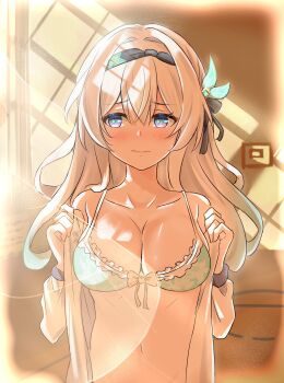 1girl absurdres adjusting_clothes ajft52o4jw30403 averting_eyes bare_shoulders black_ribbon blue_bra blue_eyes blue_ribbon blush bra breasts cleavage collarbone commentary curtains day embarrassed firefly_(honkai:_star_rail) frilled_bra frills gradient_hair hair_between_eyes hair_intakes hair_ornament hair_ribbon hairband highres honkai:_star_rail honkai_(series) indoors jacket long_hair medium_breasts midriff multicolored_eyes multicolored_hair navel off-shoulder_jacket off_shoulder open_clothes open_jacket pink_eyes ribbon see-through_curtains sidelighting standing stomach translation_request underwear upper_body vignetting wavy_mouth white_hair