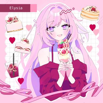 1girl alternate_costume bare_shoulders cake character_name commentary_request cup elf elysia_(herrscher_of_human:_ego)_(honkai_impact) elysia_(honkai_impact) food highres holding holding_cup honkai_(series) honkai_impact_3rd ice_cream kanaria_(mint_tea1256) multicolored_hair open_mouth pink_hair pointy_ears purple_eyes red_shirt shirt smile solo strawberry_shortcake sundae two-tone_hair upper_body white_hair