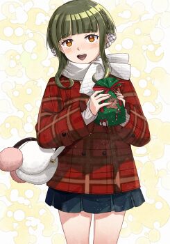1girl bag black_skirt blunt_bangs blush bob_cut brown_eyes buttons coat commentary_request cowboy_shot double-breasted green_hair highres holding holding_bag kanmiya_shinobu kantai_collection long_sleeves looking_at_viewer official_alternate_costume open_mouth orange_eyes plaid_clothes plaid_coat pleated_skirt red_coat satchel scarf short_hair short_hair_with_long_locks skirt smile solo sweater takanami_(kancolle) takanami_(yokosuka)_(kancolle) white_scarf white_sweater