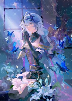 Rule 34 | 1girl, abstract background, black gloves, black thighhighs, blue bow, blue butterfly, blue eyes, blue hair, bow, braid, bug, butterfly, center opening, chinese commentary, closed mouth, commission, cross, cross earrings, dress, earrings, elbow gloves, flower, from side, gloves, hair between eyes, hair bow, hair ornament, hands up, headpiece, highres, honkai (series), honkai impact 3rd, indoors, insect, jewelry, kallen kaslana, light particles, long braid, long hair, looking to the side, low-tied long hair, moonlight, own hands together, pendant, pink lips, praying, puffy short sleeves, puffy sleeves, se465, shade, short sleeves, single braid, sitting, solo, thighhighs, thighs, watermark, white hair, window