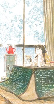 1girl absurdres arm_rest bare_tree blunt_bangs bob_cut book book_stack brown_eyes brown_hair clenched_hand coffee_filter coffee_maker coffee_pot colored_pencil_(medium) crossed_arms cup curtains d: elbow_rest from_side fuyuno_kamome glass_door hair_behind_ear hanten_(clothes) head_rest heater highres indoors kerosene_heater kotatsu long_sleeves looking_away open_mouth original parted_lips rug scenery short_hair sleeves_past_wrists slice_of_life sliding_doors solo steam sweater table tareme teacup traditional_media tree under_kotatsu under_table white_sweater winter wooden_floor
