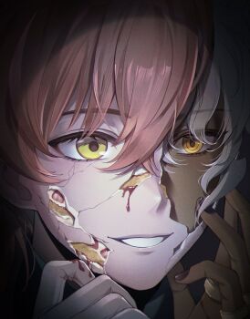 Rule 34 | black nails, cake, cracked kawaii mask, cracked mask, dark-skinned male, dark skin, dullnoko, fate/grand order, fate (series), food, gloves, hand on own face, highres, jewelry, multiple rings, orange hair, ring, romani archaman, smile, solomon (fate), strawberry shortcake, white gloves, white hair, yellow eyes