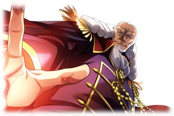 1boy arm_behind_back ascot beard cape charles_zi_britannia clenched_hand closed_mouth code_geass code_geass:_lost_stories epaulettes f4samurai facial_hair full_beard furrowed_brow game_cg geass gloves grey_hair highres holy_britannian_flag indoors jacket long_hair looking_at_viewer male_focus military_uniform official_art old old_man pillar purple_eyes purple_jacket red_cape shouting solo standing two-sided_cape two-sided_fabric v-shaped_eyebrows white_ascot white_gloves