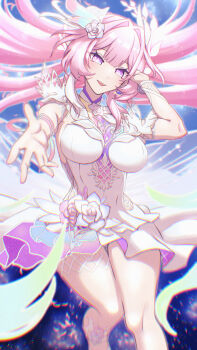 1girl absurdres armlet breasts chromatic_aberration commentary cyrene_(honkai:_star_rail) diamond-shaped_pupils diamond_(shape) dress earrings fingernails hair_intakes highres honkai:_star_rail honkai_(series) jewelry jouha large_breasts long_hair looking_at_viewer open_mouth outstretched_arm pink_hair purple_eyes smile solo symbol-shaped_pupils white_dress