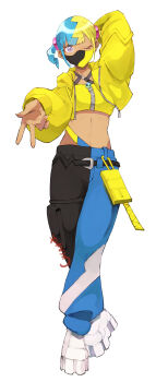 1girl absurdres aqua_hair arm_behind_head bandeau belt black_belt black_mask black_pants blonde_hair blue_eyes blue_pants boots breasts canari_(pokemon) criss-cross_straps dark-skinned_female dark_skin full_body highres jacket long_sleeves looking_at_viewer mask mega_stone mouth_mask multicolored_hair navel nintendo one_eye_closed pants pokemon pokemon_legends:_z-a short_twintails simple_background solo split-color_hair sports_bra twintails two-tone_hair two-tone_mask two-tone_pants w white_background white_boots yachimata_1205 yellow_bandeau yellow_jacket yellow_mask yellow_sports_bra