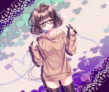 1girl :o antenna_hair art_trade artist_name bags_under_eyes black-framed_eyewear black_hair black_thighhighs breasts brown_background brown_sweater clover collarbone commentary cowboy_shot diagonal-striped_background drawing_tablet dutch_angle english_commentary fingernails floral_background flower glasses hand_up highres holding holding_drawing_tablet holding_stylus jitome letterboxed looking_down looking_to_the_side messy_hair no_pants open_mouth original outline outside_border purple_flower sasucchi95 short_hair simple_background single_bare_shoulder single_off_shoulder small_breasts standing straight-on striped_background stylus sweater swept_bangs thighhighs white_outline yellow_eyes
