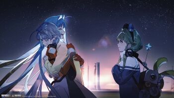 3girls ^_^ absurdres ahoge blue_hair bodysuit brown_jacket chinese_track_school_uniform closed_eyes copyright_name copyright_notice crying face-to-face from_side gradient_sky green_hair grey_hair hair_intakes hair_ornament hands_on_another's_back highres hug jacket launch_pad logo long_hair multicolored_bodysuit multiple_girls mutual_hug night official_art official_wallpaper old old_woman open_mouth orange_bodysuit outdoors radio school_uniform short_hair shuguang_(xinyue_tongxing) sky smile streaming_tears stuffed_animal stuffed_rabbit stuffed_toy tears two-tone_bodysuit upper_body very_long_hair white_bodysuit xinyue_tongxing yayin_(xinyue_tongxing)