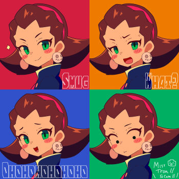 1girl absurdres blue_background blush_stickers brown_hair earrings embarrassed english_text expression_chart green_background green_eyes highres jewelry looking_at_viewer looking_down medium_hair mega_man_(series) mega_man_legends_(series) multiple_views red_background servbot_(mega_man) skull_earrings smile smug tron_bonne_(mega_man) upper_body yellow_background yodok